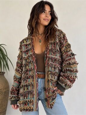 Vintage Paula Sweet Muslin Mink Fringe Southwestern Cardigan Jacket Sz Small